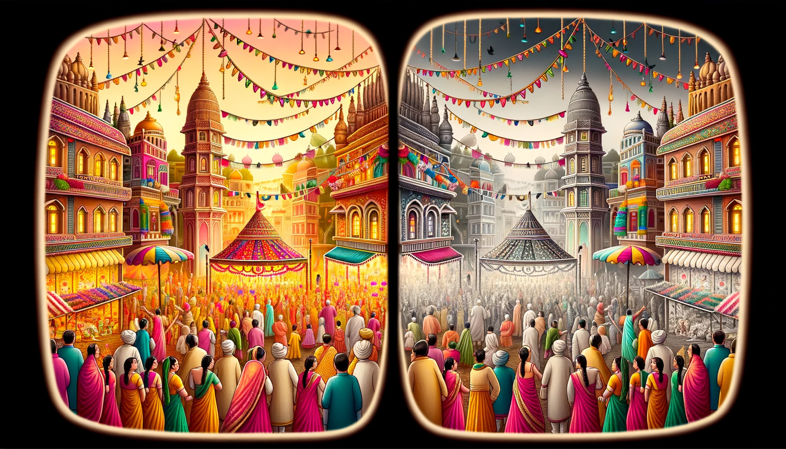  Illustration of a split screen_ one side depicting a vibrant and clear Indian festival scene and the other side showcasing the same scene but blurred 