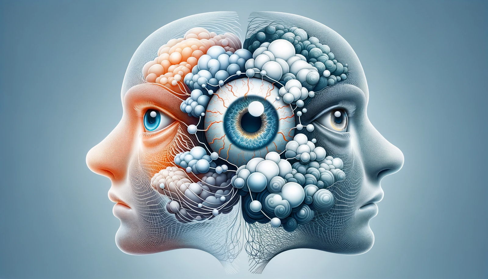 Illustration of two interconnected human profiles, one with a clear eye and the other with a cloudy cataract-affected eye, representing the psychologi