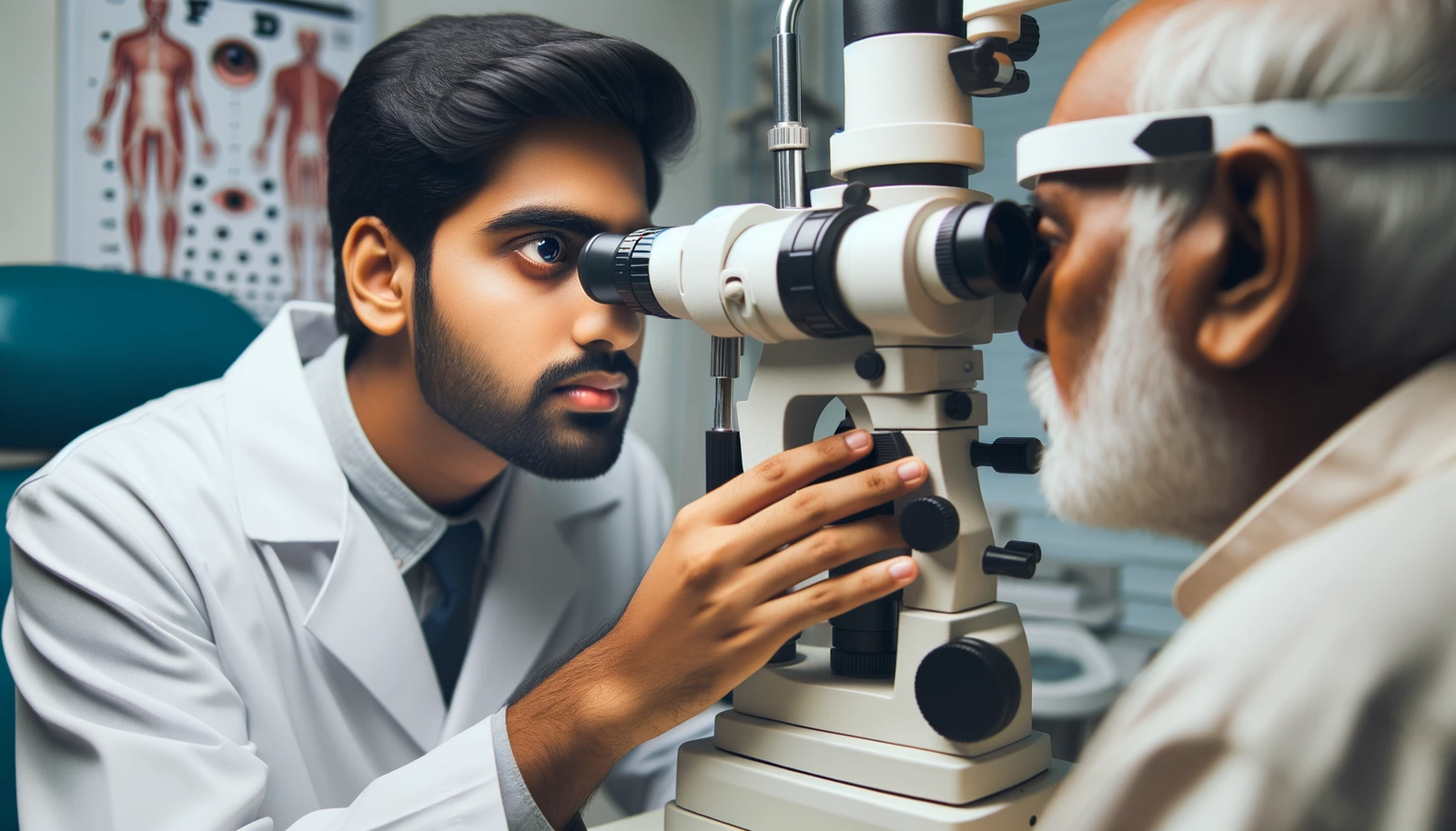 Photo of an Indian ophthalmologist using advanced medical equipment to examine a patient's eyes, emphasizing the importance of regular check-ups and t