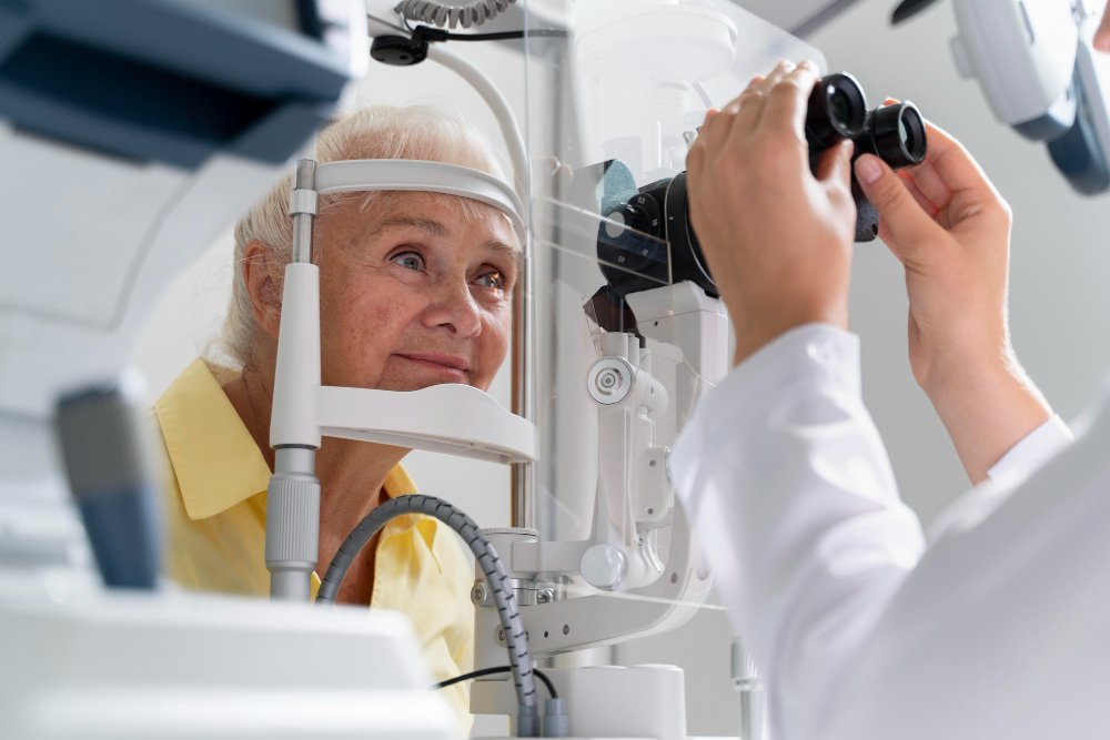 Medical staff preparing a patient for cataract surgery in a sterile operating room