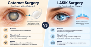 Simple illustration comparing Cataract Surgery and LASIK Surgery-Eye Hospital In Pune